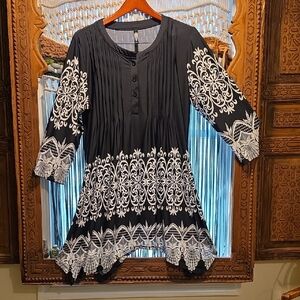 Black Tunic with White Embroidered Scrollwork